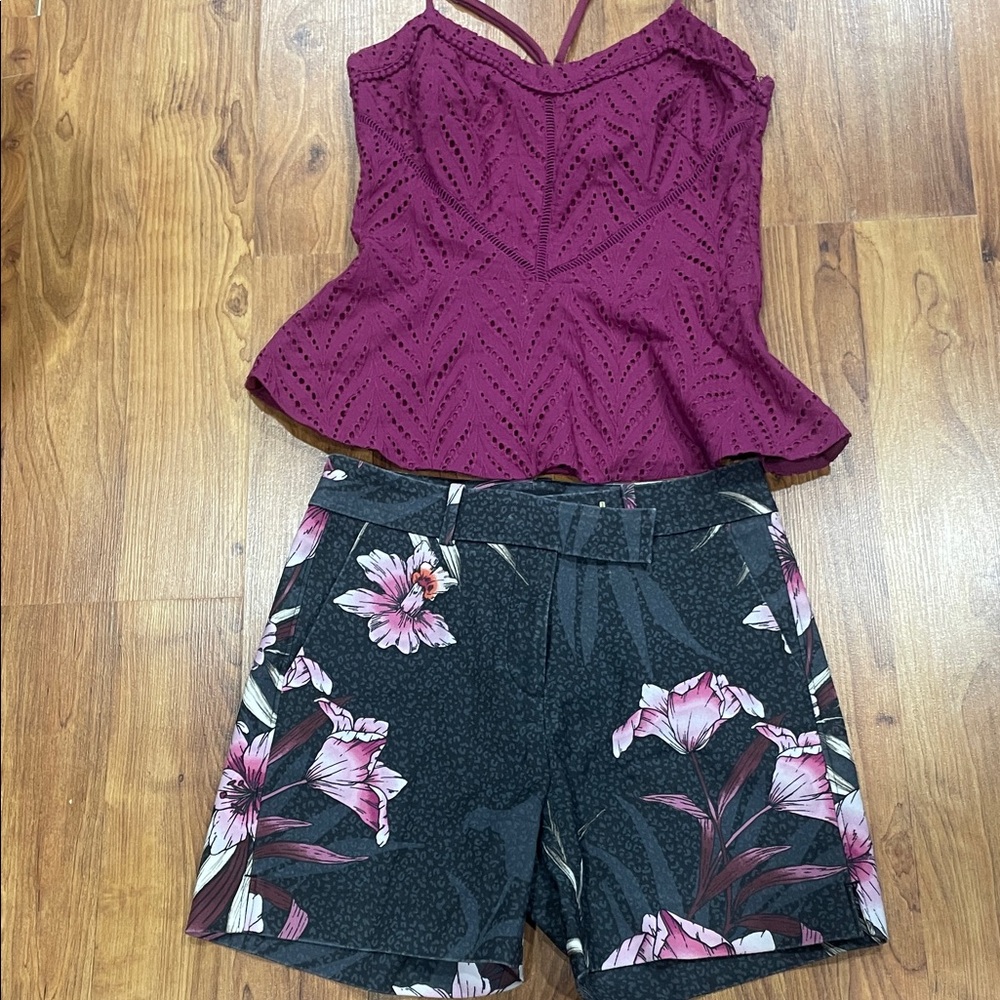 White House Black Market Burgundy Eyelet Top with matching floral shorts